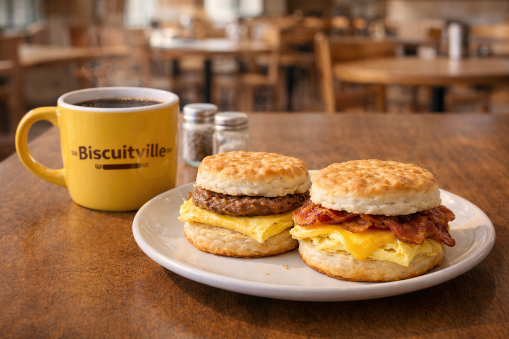 Biscuitville breakfast and coffee during operating hours
